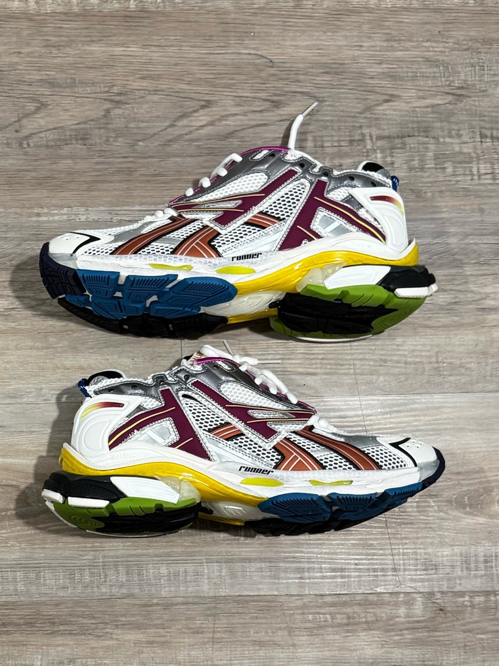 Balenciaga Men's White Sneakers with Burgundy, Yellow & Blue Accents